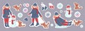 A set of winter stickers with a girl playing with a dog in the street.